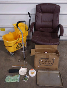 (1) Box of (25) Coat/Shirt Hangers, Assorted House Hold Items, (1) Brownish Red Leather Office Rolling Swivel Chair, & (1) Yellow Mop Bucket