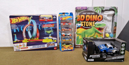 (1) Hot Wheels Laser Stunt Slamway Track W/ (1) Car (1) Hot Wheels Track Builder Car 5-Pack, (1) Adventure Force RC Car & (1) 3D Dino Stone Resin Wall Art Painting Kit