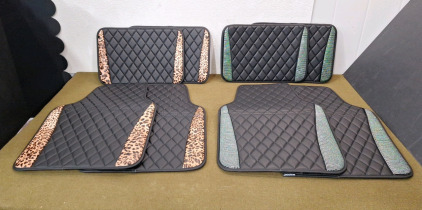 (2) 4-Piece Beiqitong Car Floor Mat Sets, (1) Black Checkered Vinal & Brown Leopard Print & (1 ) Black Checkered Vinal & Silver Diamond