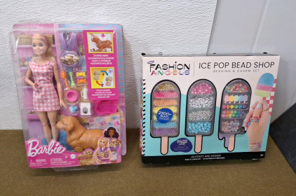 (1) Barbie & Puppies, Doll W/ Accessories & (1) Fashion Angels Ice Pop Bead Shop, Beading & Charm Set