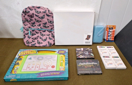 (1) Kids Backpack, (1) Darnassus 130-Piece Woden Box Art Set, (1) Rainbow Magnetic Sketcher & More.
