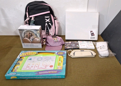 (1) Kids Backpack, (1) Pair Of Vivitar Wireless Headphones (1) Darnassus 155-Piece PVC Box Art Set, (1) Rainbow Magnetic Sketcher & More.