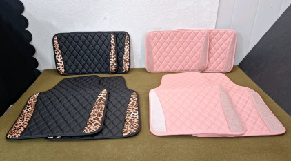 (2) 4-Piece Beiqitong Car Floor Mat Sets, (1) Black Checkered Vinal & Brown Leopard Print & (1 ) Pink Checkered Vinal & Silver Diamond