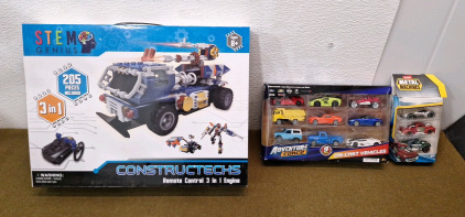 (1) STEM Genius, Constructechs RC Kit, (1) Adventure Force 9-Piece Die Cast Vehicle Set & (1) Metal Machines 3-Piece Die Cast Vehicle Set