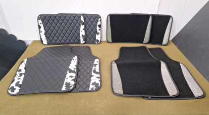 (2) 4-Piece Beiqitong Car Floor Mat Sets, (1) Black Checkered Vinal & Black & White Cow Print & (1) Black Carpet & Silver Diamond