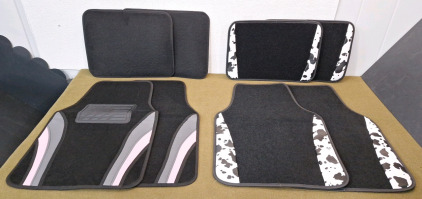 (2) 4-Piece Beiqitong Car Floor Mat Sets, (1) Black & Pink Carpet (1) Black Carpet / Black & White Cow Print