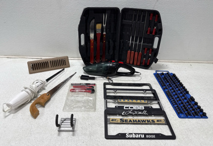 KitchenWorthy 18 Piece Deluxe BBQ Tool Set- Missing Spatula And Grill Brush- Electric Saw, And Hand Saw, Assorted Liscense Plate Holders, Vent Cover, Mini Vacuum And More