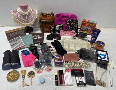 Assorted Womens Beauty Care, Laura Geller Lipstick And Lipgloss, Treehut Moroccan Rose Body Scrub And Lotion, Pearl Napkin Rings, Womens Devotionals, Socks, Makeup Bags, Purses, Jewelry And More!!