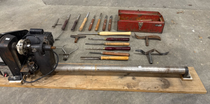 Union Machinery 12 Inch 5 Sport Speed Wood Lathe Model No. 0126 Made In Taiwan, With Wood Working Tools In Red Tool Box