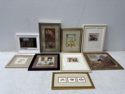 (8) Assorted Framed Pictures And (1) White Wooden Framed Mirror