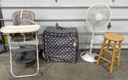 (1) Galaxy Rotating Fan (1) Wooden Stool (1) Graco Baby Highchair And (1) Milliard Portable Toddler Travel Bed