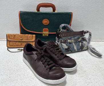 (1) Dooney & Bourke Pebble collection Emerald Green Bag, (1) Leather Small Bag (1) B makowsky Blue Camouflage Purse With Brown Leather And (1) Pair Mens Polo Ralph Lauren Brown Leather Shoes Size 11 1/2