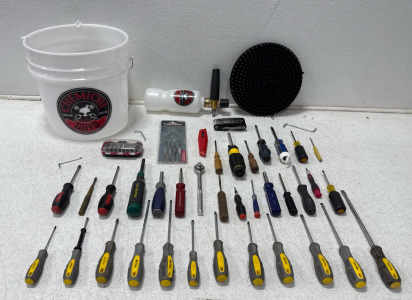 Assorted Screwdrivers, (1) Wash Bucket And (1) Hi-Press Spray Nozzle