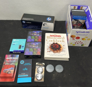 (2) Washer Nozzle LED Lights (2) LED Strip Lights (1) Illustrated Cookbook (1) Screen Protector for Galaxy S10 (1) HP Laserjet 30A Print Cartdridge (1) Box of Movies (1) Wireless Dual Band USB Adapter & More!