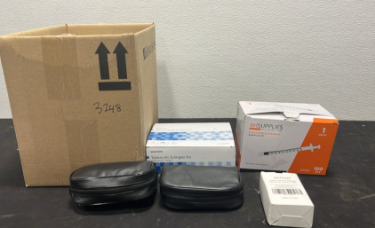 (1) Box of Disposable Syringe Luer Lock 1mL (2) Blood Pressure Cuffs (7) Tuberculin syringes 1cc (2) Boxes of 1mL Slip Tip Syringes 50 Pack