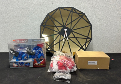(1) Mirrored Clock (1) Razor Jets Heel Wheels (1) Christmas Toddler Clothing Item (1) Easter Decor Item (1) Mounting Kit