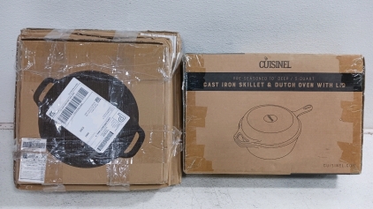 (4) Cast Iron Cookware - (3) Round Cast Iron Griddles - New in Packaging (1) Cuisinel 10" Skillet & Dutch Oven w/ Lid - New in Packaging