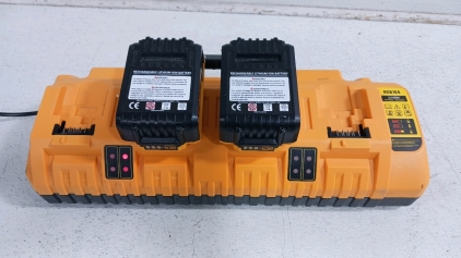 (1) DCB104 Four-Port Battery Charger w/ (2) Rechargeable Batteries - Powers On