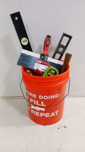 (14) Contractor's Tool Bucket - (1) Orange Bucket (1) Milwaukee Taping Knife (1) Stanley Tape Measure (2) Screwdrivers (1) Lineman's Pliers (1) Putty Knife (1) Multi-Tool Scraper (2) Levels (1) Wooden Handle Tool (1) Wire Cutter (2) Misc Tools