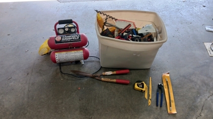 (17) Garage Utility Tools - (1) Tub of Assorted Hand Tools & Accessories (15) Individual Tools (1) Campbell Hausfeld Air Compressor & So Much More!!