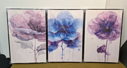 (1) Framed 3-Panel Floral Canvas Wall Art Print Set, Each Panel Is 20"W x 30"H