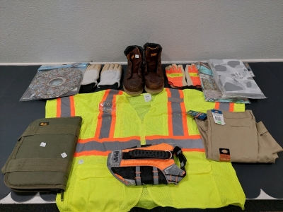 Dewalt Mens Size 11 Boots, Dickies (New w/ Tags Size 14 Husky), Cordova Hi-Vis Vest w/ Pockets, Assorted Camo B-day Decorations, (2) Pairs of Gloves, US Peacekeeper Attache Bag, Dog Walking Vest