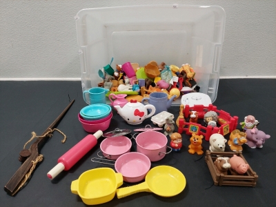 Assorted Kids Toys, Play Cookwear Sets w/ Pots, Pans, Cups, Roller, Plates, Bowls, Hello Kitty Tea Kettle, Barn Animals w/ Corrals, Wood Decorative Fishing Pole, Carbon Monoxide Detector, and More!