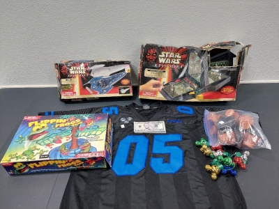 Star Wars Episode I Toys, Escape from Naboo Action Game, Galactic Battle (Missing Pieces), Stack of $5 Motion Picture Money (Not Real), Flippin' Frogs Game, Fubu '05 2X Jersey, Freddy Kruger Head Light String, Hickey Mouse Light String