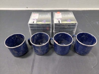 (4) Set of Enamelware Camping Cups, (2) DVD/CD Replacement Cases (New in Wrapper)