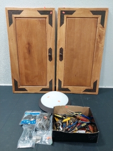 (2) Wood Cabinet Doors w/ Metal Knobs (19⅜" x 35⅜"), Ceiling Light Fixture (13⅛" Diameter), Bags of Cabinet Hinges Knobs, Assorted Hand Tools (Screwdrivers, Pliers, Wire Cutters, Measuring Tapes, & More)