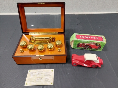 Mr Christmas Vintage Wood Concerta Music Box 50-Song List (No Power Cable, Unable to Test), Vintage Avon 1936 MG Wild Country After Shave 5 FL Oz (Bottle Still Full)