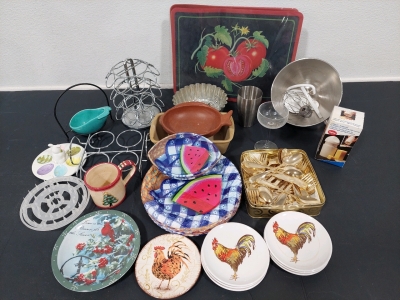 Assorted Kitchenware, Porcelain (7) Rooster Plates, Gold Colored Stainless Flatware Set, Cheese Grater, (7) Watermelon Plastic Plate Set, (4) Tomato Plant Place Mats, Spice Rack, & More!