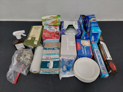 Assorted Kitchenware, Ziploc Baggies (Sandwhich, Quart, & Galon Size Boxes), (4) Brining Bags, Paper Lunch Bags, Box of Tissues, Box of Bandaids, Aluminum Foil Box, Reusable Oven Liner, Hanging Solar Powered Star Lights, & More!