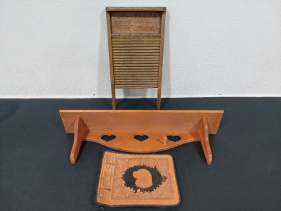 Vintage National Washboard Co 801 - The Brass King (12&frac12;" x 24"), Wood Hanging Coat Rack-Missing Pegs (33&frac12;" x 8"), Vintage Leather Art Scrapbook Cover (14⅛" x 10&frac12;")