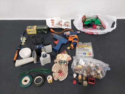 (2) Hot Glue Guns w/ Glue Sticks, Tape Dispenser, Grow Bulb, Mini Fishing Pole Lighter, Bag of Assorted Miniatures, Christmas Cards w/ Envelopes, & More!