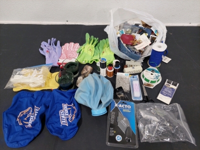 (4) Pairs of Garden Gloves, Garden Item Hanger 53" Tall, (2) Candles, Assorted Crafting Suplies (Thread, Push Pins, X-Acto Knife [New in Box], Power Outlet Splitters, Muracle Grow Twist Tie w/ Cutter, & More!