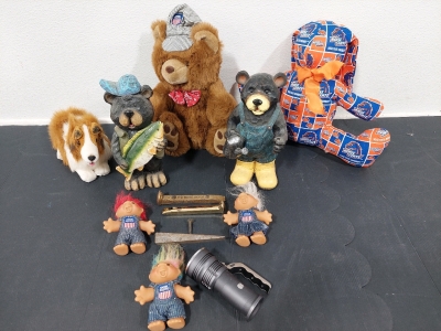 Union Pacific Troll Dolls (3), Union Pacific Railway Spikes (2), Union Pacific Flashlight w/ Handle, Bear Garden Gnomes (2), Union Pacific Stuffed Bear, Collie Stuffed Animal, BSU Stuffed Animal
