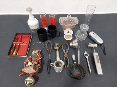 Vintage Rose Tint Glass Storage Container w/ Lid, Pampered Chef Food Chopper, (2) Steak Knives, Wind-Up Flashlight/Radio, Brookstone Electric Drink Guide w/ Shot Measurer, Bottle Opener, Wine Plug, & More!