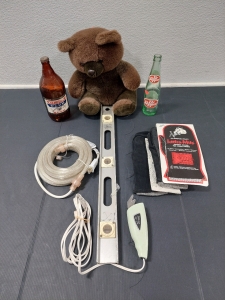 Lectra-Mits Battery Heated Gloves, Pure-Kut Automatic Scissors, Rope Light 18', Metal Level 24" x 2⅛", Vintage Dr Pepper 10oz Glass Bottle, Vintage Uinta Club Beer Glasd Bottle, Stuffed Bear
