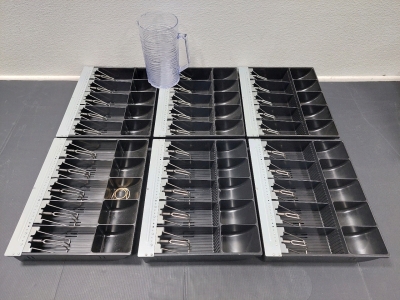 (6) Till for POS Cash Drawers 14" x 11⅜", Like New Condition, Plastic 64 Oz Pitcher (Some Cracks & Chips on Bottom)