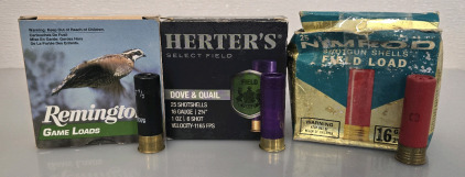 16ga Shotgun Shells- (25) Remington, (25) Heaters, Partial Nimrod