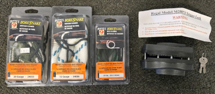 (3) BoreSnake Shotgun & Rifle Cleaner - 20 Guage, 12 Guage, .22 Cal, (1) Regal Model M20077J Trigger Lock w/Keys