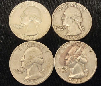 (4) 1964 And Earlier Washington Quarters- 90% Silver