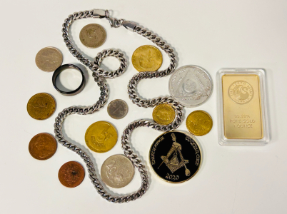 Collectibles Including: Foreign Coins, Silver Toned Necklace, Black Ring, Tokens And More