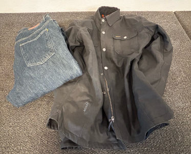 Pair Of Iron Workers Riding Pants Size (38x32) and 2XL Reax Kevlar Padded Riding Jacket