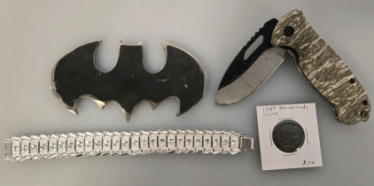 Silver Tone 7" Long Wide Bracelet, 1885 Netherlands Cent Coin, Folding Knife and Custom Made Batman Logo