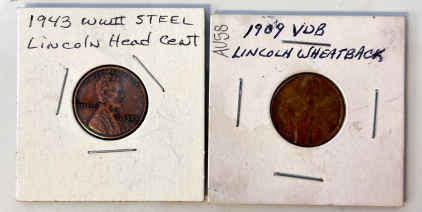 (2) Vintage Pennies: 1909 VDB Lincoln Wheatback Penny and 1943 WWII Steel Lincoln Head Cent