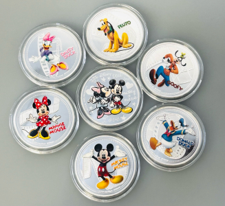 (7) Disney Character Silver Plated Collector Coins
