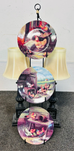 (3) Decorative Plates with Display Rack and Pair of Candle Lamps
