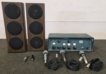 Vintage Audio Equipment Set Featuring Altec Mixer, Wooden Tower Speakers, Dynamic Microphones with XLR Cables, and Audio Adapters